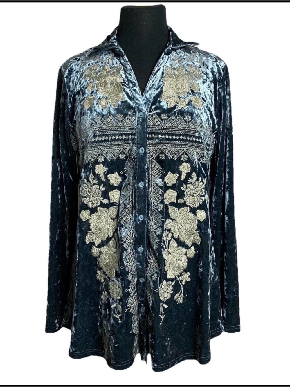 Andree by Unit Crushed Velvet Embroidered Button Up Tunic Sz Small Silvery Blue